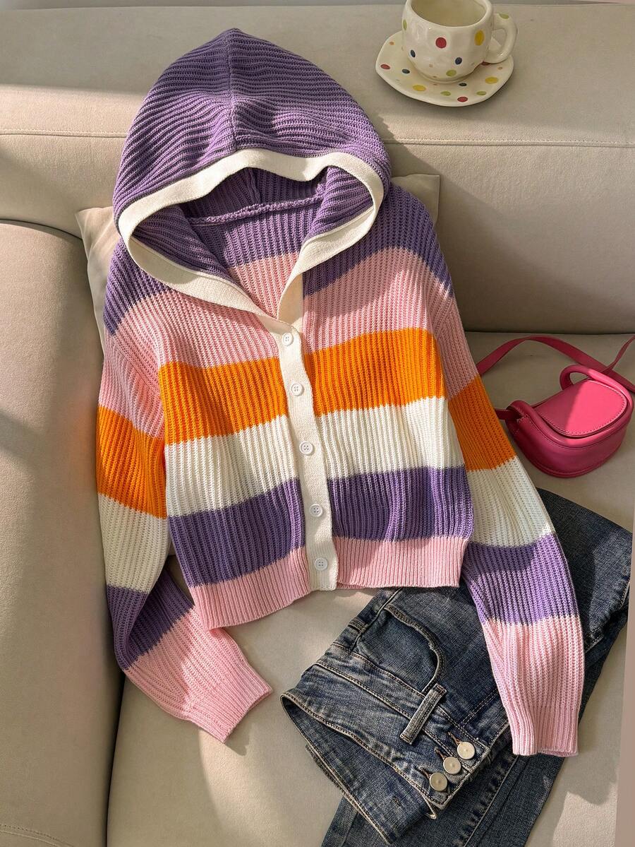 SHEIN Elladie kids 女童多巴胺馬卡龍配色時尚休閒清新短版連帽針織開襟毛衣,秋冬款 - 彩色 - 查看 1