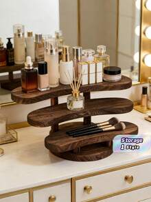 1Pc 3-Layer Wooden Shelf Organizer, Rustic Brown Desktop Display Rack For Makeup Bottles, Tea Sets, Small Decor Items - View 1