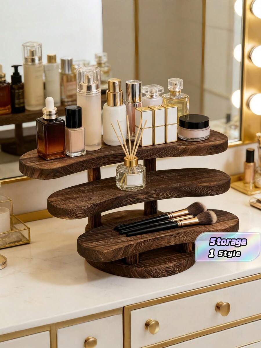 1Pc 3-Layer Wooden Shelf Organizer, Rustic Brown Desktop Display Rack For Makeup Bottles, Tea Sets, Small Decor Items - View 1