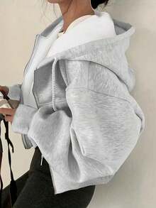 INAWLY 女款純棉寬鬆慵懶短版落肩連帽拉鍊運動衫 - 淺灰色 - 查看 3