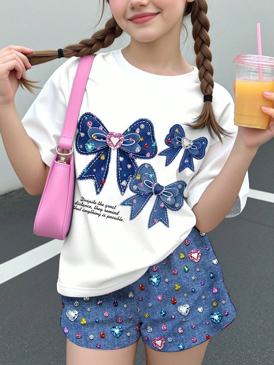 兒童青少年女孩休閒復古甜美亮眼多巴胺彩色愛心與蝴蝶結印花短袖T恤短褲兩件套,適合夏季 - 彩色 - 查看 1