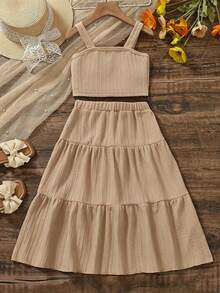 SHEIN Elladie kids 女童背心套裝，休閒可愛復古風，夏季開學穿搭，適合戶外運動與日常舒適穿著的套裝 - 卡其色 - 查看 3