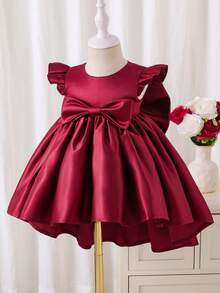 SHEIN Glamorique Kids Infant Girl Wedding Flower Girl Dress, Burgundy Glossy Fabric, 3D Bow Back, Train, Baby Girl Dress, 1st Birthday Dress Autumn Winter - Burgundy - View 4