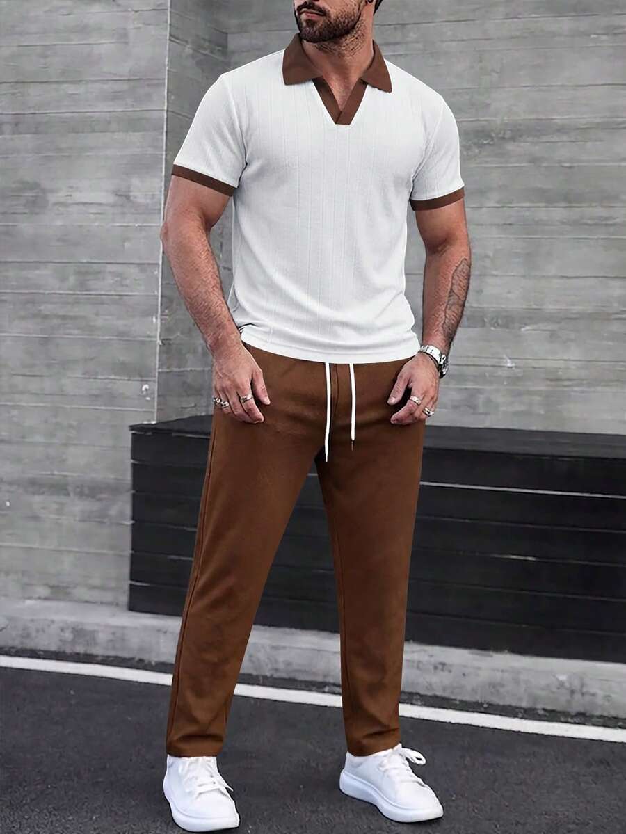 Manfinity CasualCool 男士拼色短袖 Polo 衫與長褲休閒日常套裝 - 白色 - 查看 1