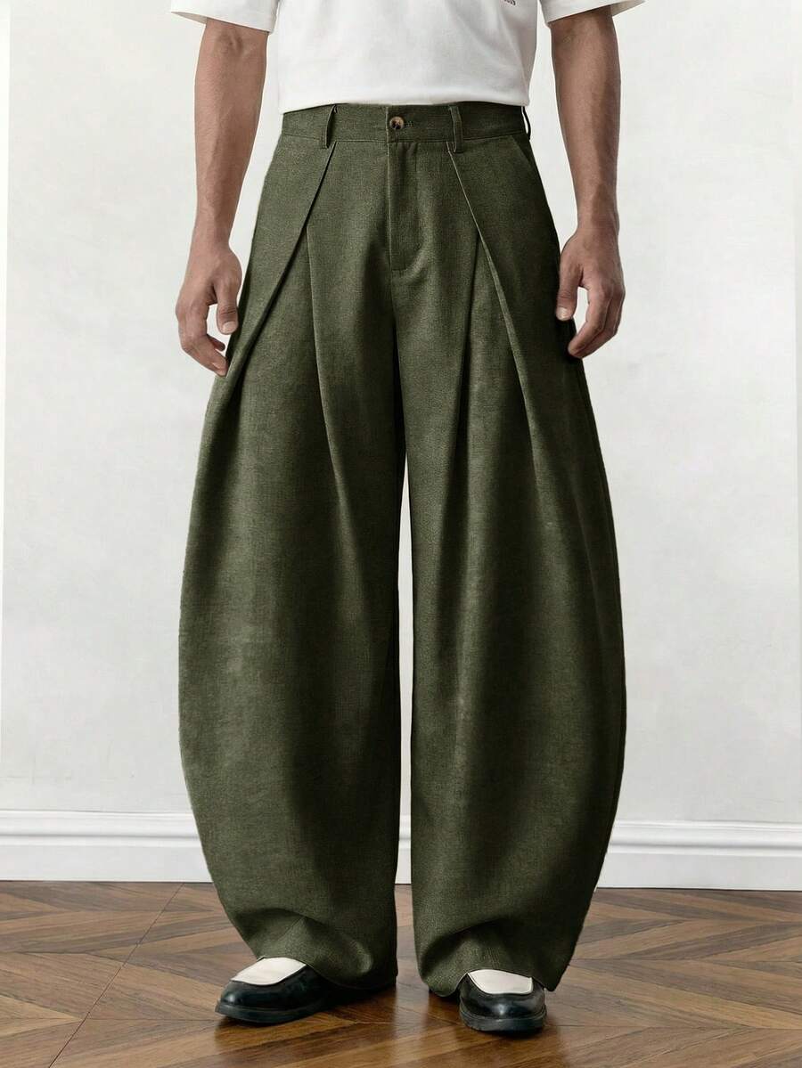 SWAVVY Men's Fashion Commuter Solid Color Curved Leg Pants - Dark Green - View 1