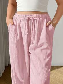 SHEIN PETITE CURVE Women's Dusty Pink Wide-Leg Woven Pants, Plus Size And Loose Fit Holiday Office Vacation Vacation Vacation Vacation Autumn Casual Modest Fall - Baby Pink - View 6
