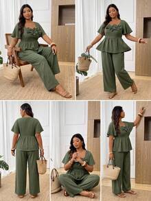 SHEIN CURVE+ Plus Size 3D Floral Decor Ruffle Hem Top And Loose Long Pants 2 Pieces Set - Army Green - View 2