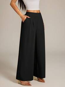 SHEIN PETITE Women's High-Waist Solid Color Pleated Wide Leg Loose Basic Casual Pants Autumn Work Office Black - Black - View 5