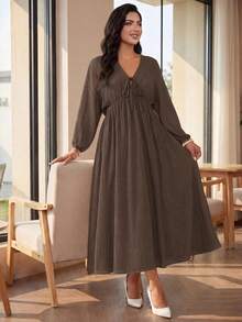SHEIN Lady CURVE 大码女式纯色休闲宽松长袖抽绳连衣裙 - 棕色 - 查看 5