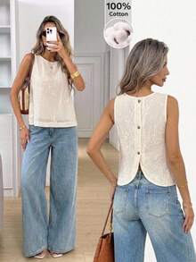 Levarali Plus Size Women's Embroidered Design Back Single-Breasted Sleeveless Blouse Brunch Formal Birthday White Summer Casual Kawaii Western - Blue and White - View 1
