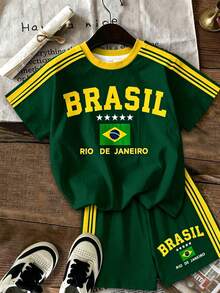 青少年女孩休閒極簡時尚運動球衣風，休閒極簡 BRASIL 圖案，對比色短袖與短褲兩件套，適合夏季，圖案、Y2K、舒適，女孩套裝，世界盃 - 彩色 - 查看 2