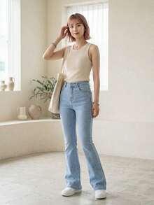 SHEIN PETITE Casual Washed Slim Fit Flare Leg Jeans ,Petite Women - Light Wash - View 3