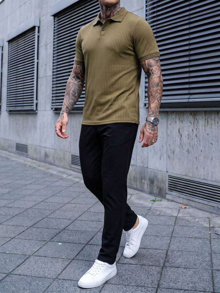 Conjunto de camisa polo de manga corta con media botonadura y pantalones largos con bolsillo para hombre - Verde militar - Añade 4