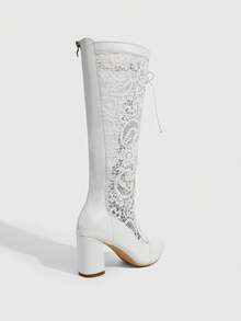 Daringsoles Women's Lace-Up Design PU Leather Daily Versatile Fashion Over-The-Knee Boots - White - View 3