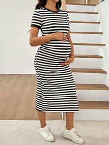 SHEIN Maternity Striped Round Neck Short Sleeve Side Slit Hem Fitted Dress - Black and White - View 4