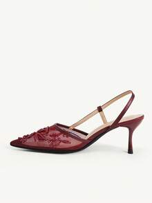 CUCCOO CHICEST Women Shoes Spring And Summer New Models, Mesh Embroidered Backspace Sandals, Pointed Toes, Stiletto High Heels, Retro Light And Mature Style, Commute - Burgundy - View 4