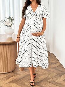 SHEIN Maternity V-Neck Pleated Polka Dot Casual Daily Wear Dress - White - View 2
