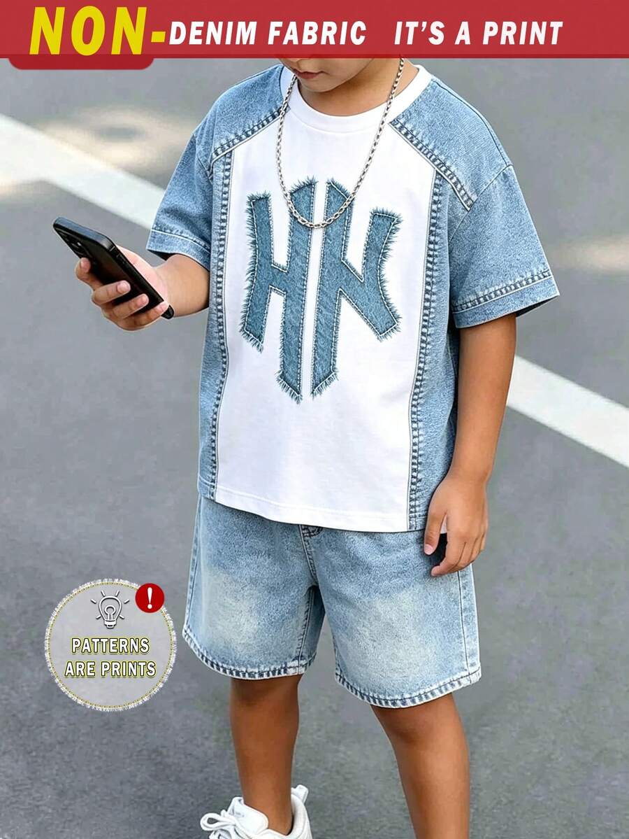 (1 Set) Summer Boys Casual Fashion Minimalist Blue Icon Collar Contrast White Pattern Basic Short Sleeve T-Shirt & Shorts, Comfortable Daily Outfit - Multicolor - View 1