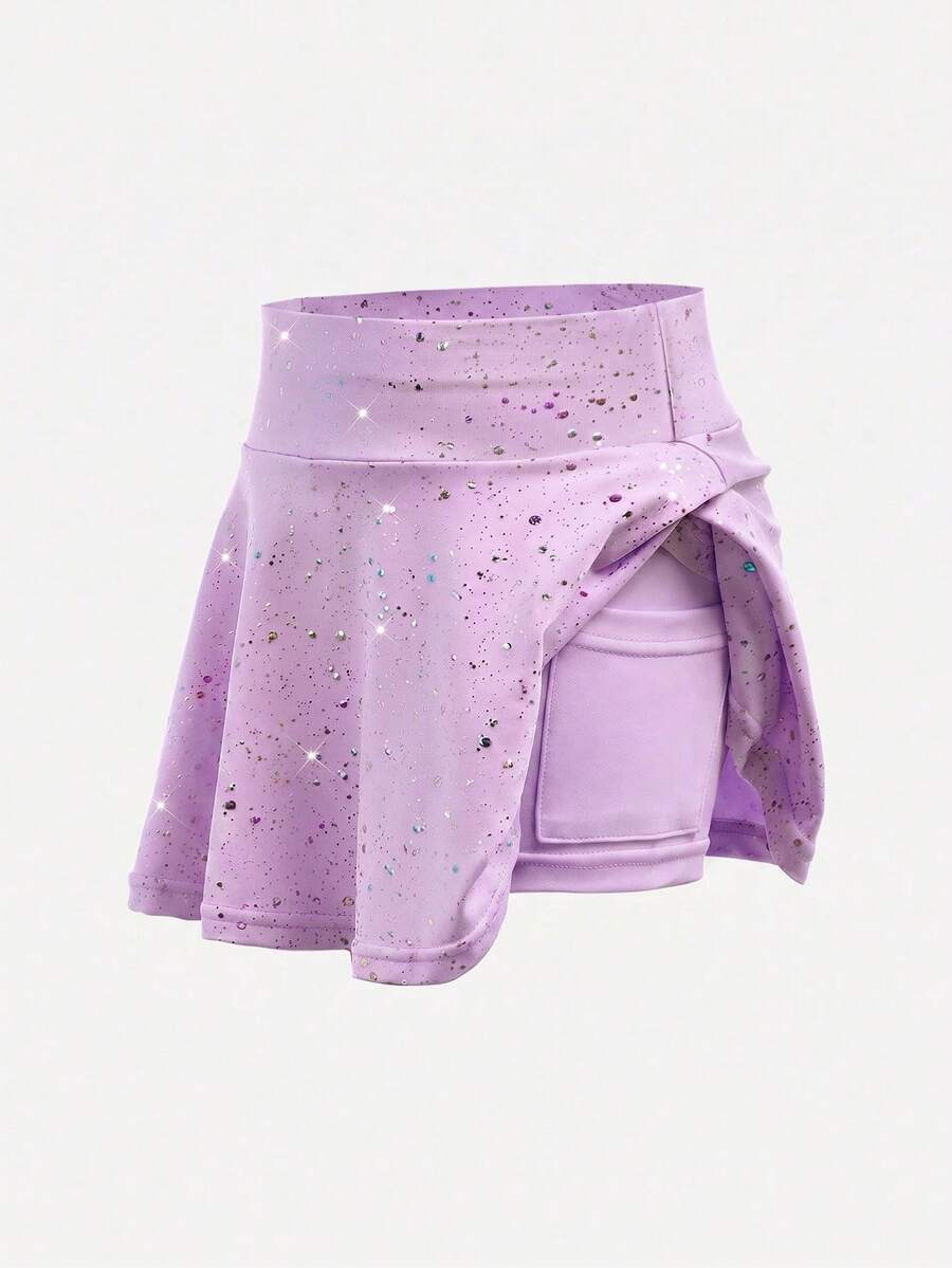 SHEIN 少女运动服 透气弹力星星印花紫色半身裙 适合瑜伽、舞蹈、室内活动 - 淺灰紫 - 查看 1