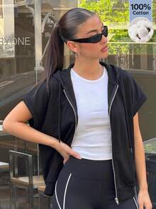 SHEIN EZwear 袋鼠口袋連帽衛衣 夏季旅行黑色運動休閒風 - 黑色 - 查看 9