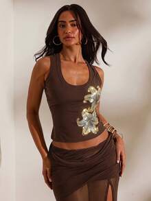 Opulessa Spring/Summer Vacation Solid Color Knit Fitted Women's Tank Top - Brown - View 7
