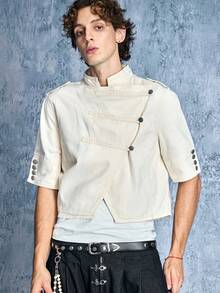 ROMWE MEN Casual Men's Solid Color Small Stand Collar Metal Button Shoulder Epaulette Decor Court Style Asymmetric Placket Half Sleeve Denim Shirt - White - View 8