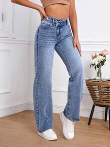 SHEIN Tall 休閒水洗不對稱腰頭直筒牛仔褲，適合高個女性 - 藍色 - 查看 3