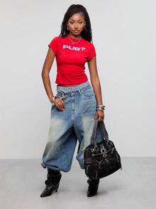 COUREZ Short Sleeve Slogan Print Baby Tee / Y2K Graphic Tee Print Tee Fall Winter Outfits Cute Tops Crop Top Short Sleeve Tops For Women Going Out Tops - Red - View 2