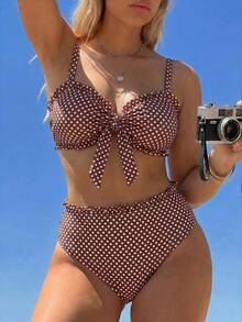 Swim Mod 2026 Plus Size Women 2 Pieces Vintage 1960s 1920s Polka Dot Print Bandeau Lace Trim Separates Swimwear Set, Beach Party Vacation, Summer Holiday Pearl - Multicolor - View 3