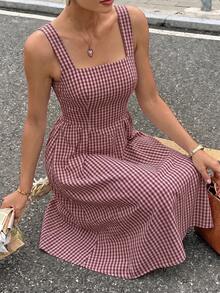Siren Gaze Casual Vacation Style Red Plaid Full Print Pattern Women's Mid-Length Dress Suitable For Spring And Summer - Multicolor - View 8