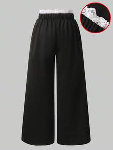 SHEIN 1件青少年女孩寬鬆運動休閒運動褲，純色蕾絲飾邊，彈性腰寬腿長褲，高腰直筒褲，春秋百搭 - 黑色 - 查看 2