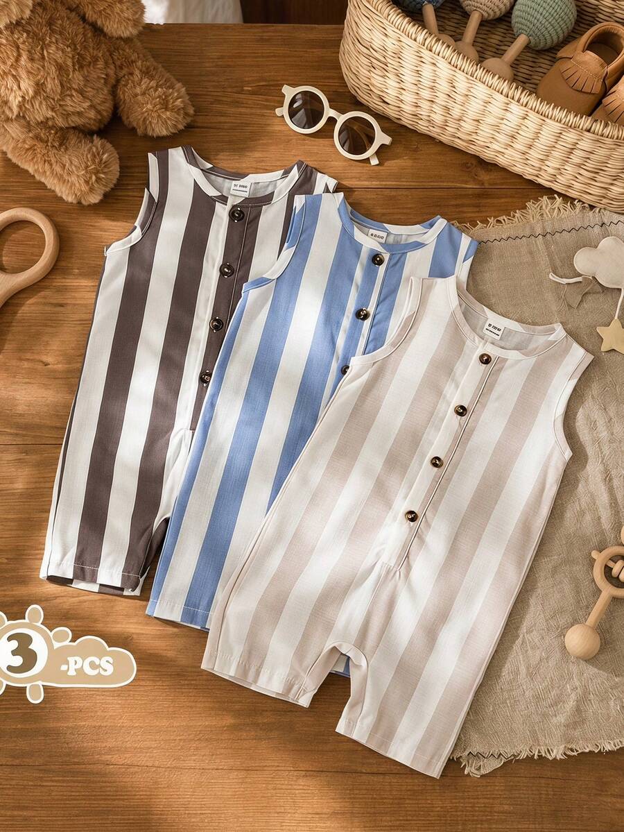 SHEIN Vintaside Kids 男嬰夏季極簡復古休閒梭織寬鬆多色圓領開襟衫條紋無袖豹紋鈕扣連身褲短褲3件套,日系休閒田園風,適合休閒、日常外出、嬰兒走路、玩耍等場合 - 彩色 - 查看 1