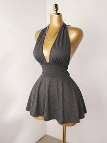 Mistrie Black Tight-Fitting Romper With Deep V-Neck, Backless Strap - Dark Grey - View 6