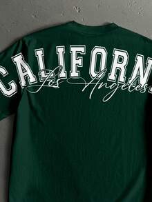 StoneGrade American Retro Curved College Font Fashion Print Men's Dark Green Standard Size Drop Shoulder Loose Fit Short Sleeve T-Shirt - Dark Green - View 3