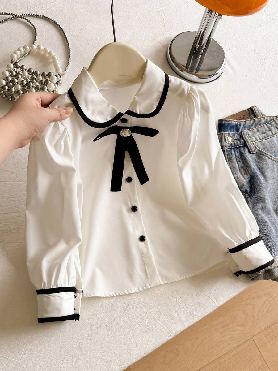 SHEIN 少女黑白經典蝴蝶結裝飾長袖襯衫 - 黑與白 - 查看 1