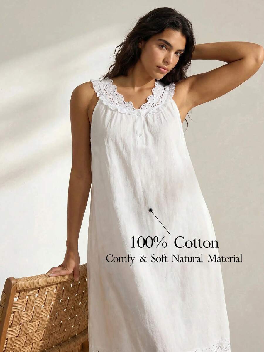 Ocili Leisure Comfortable Minimalist 100% Cotton Plain Weave Embroidered Water-Soluble Lace Women's Loungewear Dress Plus Size Nightgown - White - View 1
