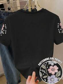 青少年女孩復古休閒花卉上衣，仿刺繡串珠花卉與蝴蝶印花圓領短袖T恤，適合夏季日常出遊，植物與蝴蝶圖案鄉村風上衣 - 黑色 - 查看 2