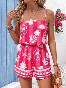 Vivid Eden Mono de verano con cordón para mujer, estampado de bloques de color con palmeras tropicales y conchas, para vacaciones en la playa - Rojo y blanco - View 5