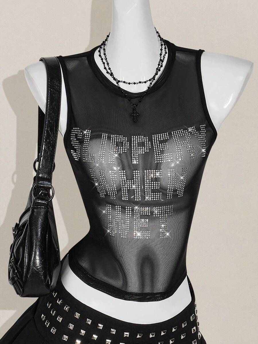 SHEIN ICON Y2k 夏季黑色网纱透视性感水钻亮片女士水钻字母网纱露背紧身吊带背心 - 黑色 - 查看 1