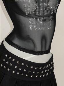 SHEIN ICON Y2k 夏季黑色网纱透视性感水钻亮片女士水钻字母网纱露背紧身吊带背心 - 黑色 - 查看 10