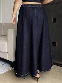 Dazy Plus Women's Plus Size Long Casual Denim Skirt With Belt Splicing Tie Design, Dark Wash Blue, Autumn New Arrival - Dark Wash - View 5