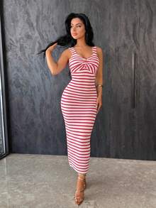 Vassilux Women's Summer Fashion Vacation Style Contrast Color Striped Pattern Twist Front Split Hem Fitted Mid-Length Dress,Women's Dresses Elegant - Red and White - View 6