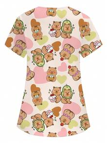 PopScrub Atasan Seragam Kerja Perawat/Dokter Lengan Pendek Leher V dengan Dua Kantong dan Motif Capybara Lucu, Seragam Pemeriksaan Kesehatan, Bedah, Kecantikan, Ahli Gizi, dan Laboratorium - MultiWarna - View 2