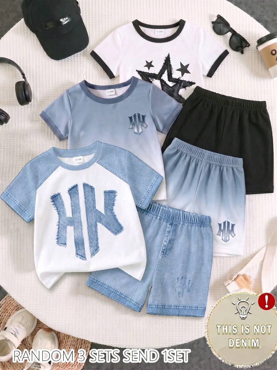 SHEIN 隨機3款發1套 嬰兒男童街頭時尚休閒字母印花T恤搭配印花短褲套裝 - 彩色 - 查看 1