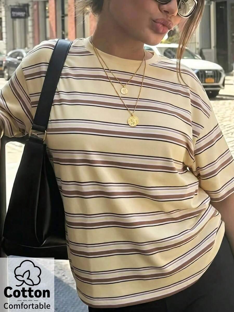 Aloruh Women's Spring/Summer Pink And Purple Striped Short Sleeve T-Shirt, Suitable For Streetwear 90s, Daily, Casual, Y2K Back-To-School Everyday Student
