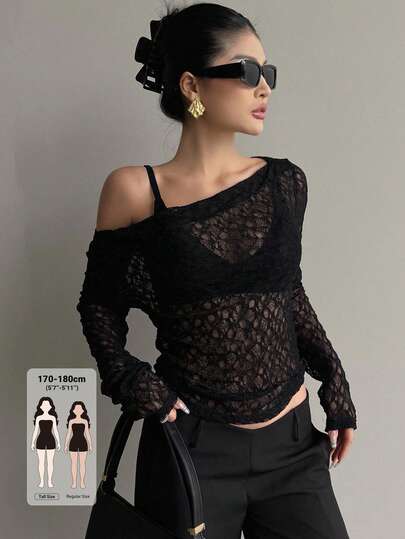 Dazy Tall Women's Asymmetric Shoulder Long Sleeve Textured Semi-Sheer Casual Top
