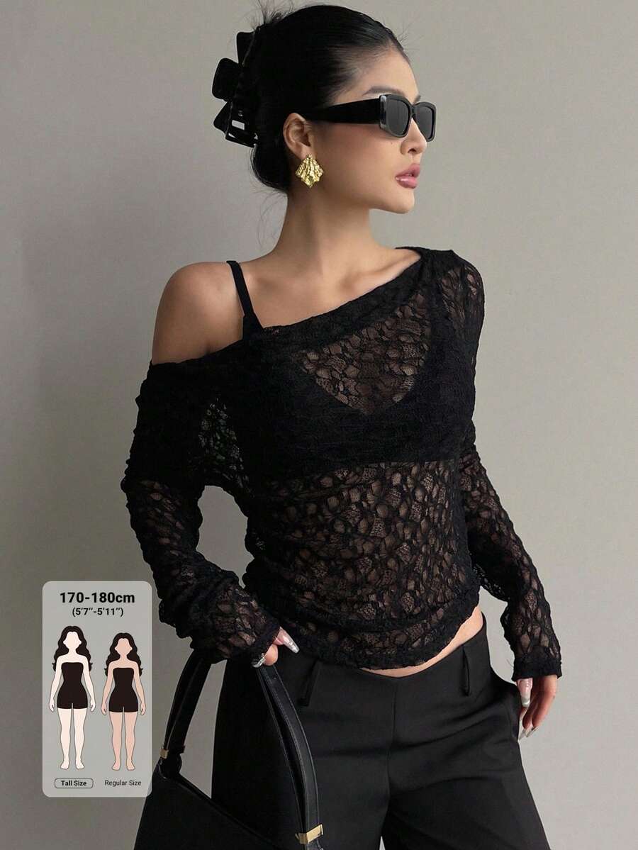Dazy Tall Women's Asymmetric Shoulder Long Sleeve Textured Semi-Sheer Casual Top Fall - Black - View 1