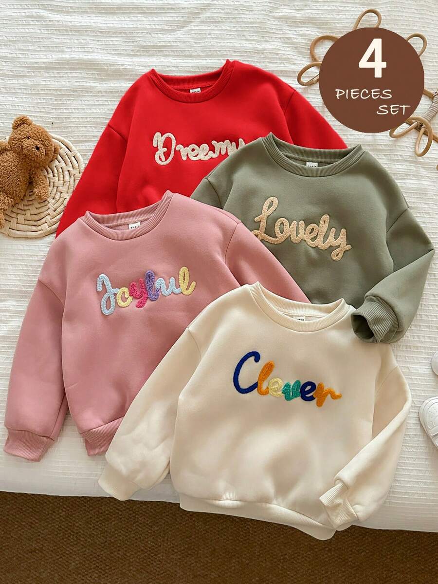 LMoss Kids 女童針織純色刺繡圓領休閒運動衫 4 件套 - 彩色 - 查看 1