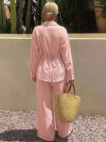 Livesso Ensemble 2 pièces décontracté pour femme, chemise rose à col revers, manches longues et plis, avec pantalon large ample, style commuter été-automne - Rose bonbon - Voir 2