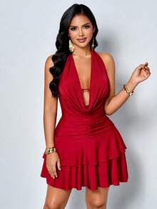 SOLERSUN Busana Wanita Musim Semi/Panas: Elegan dan Menawan, Sempurna untuk Pesta, Acara Malam Hari, dan Pertemuan. Fitur Termasuk Gaun Mini dari Kain Rajut Elastis - Burgundy - View 4